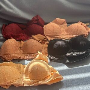 Elegant Lace Strapless Bra Set - Black, Red, Peach